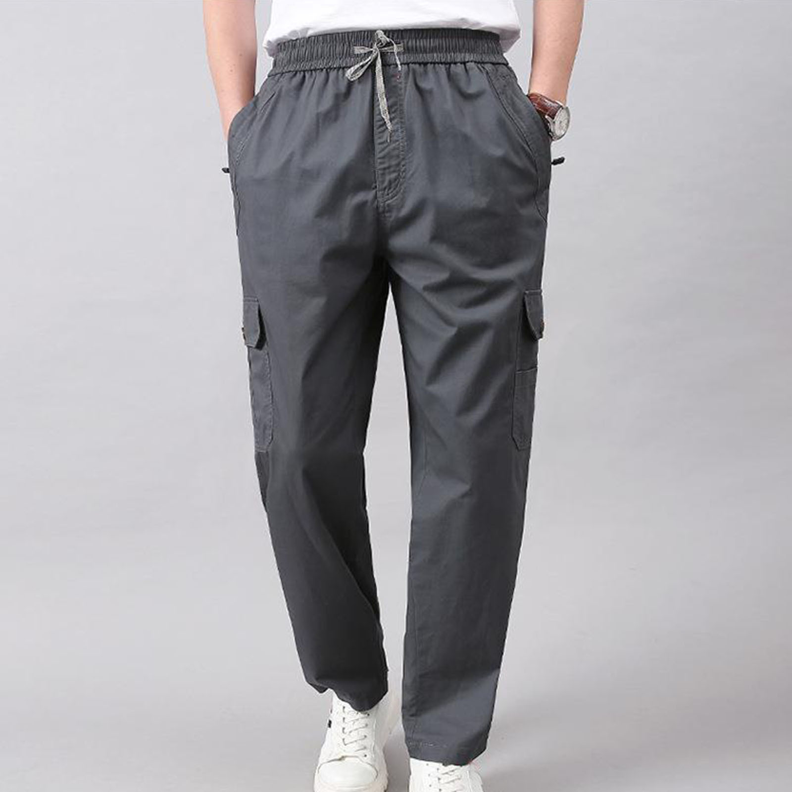 thumbnail image 2 of Pantalones cargo de senderismo para hombre - Cintura elástica con cordón - 6 bolsillos, corte holgado - Ropa deportiva/de exterior/casual, 2 of 7